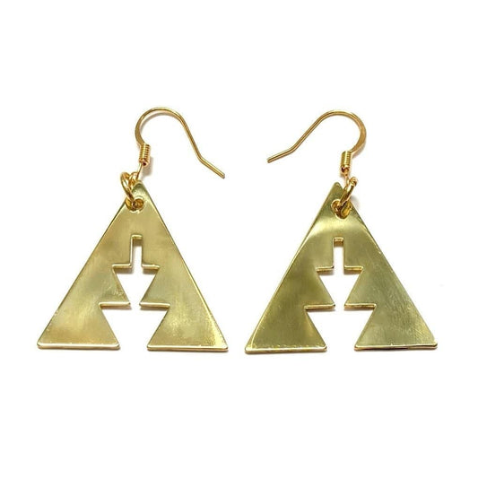Brass triangle earrings with southwest geometric shapes from Copper Canoe Woman on a white background.