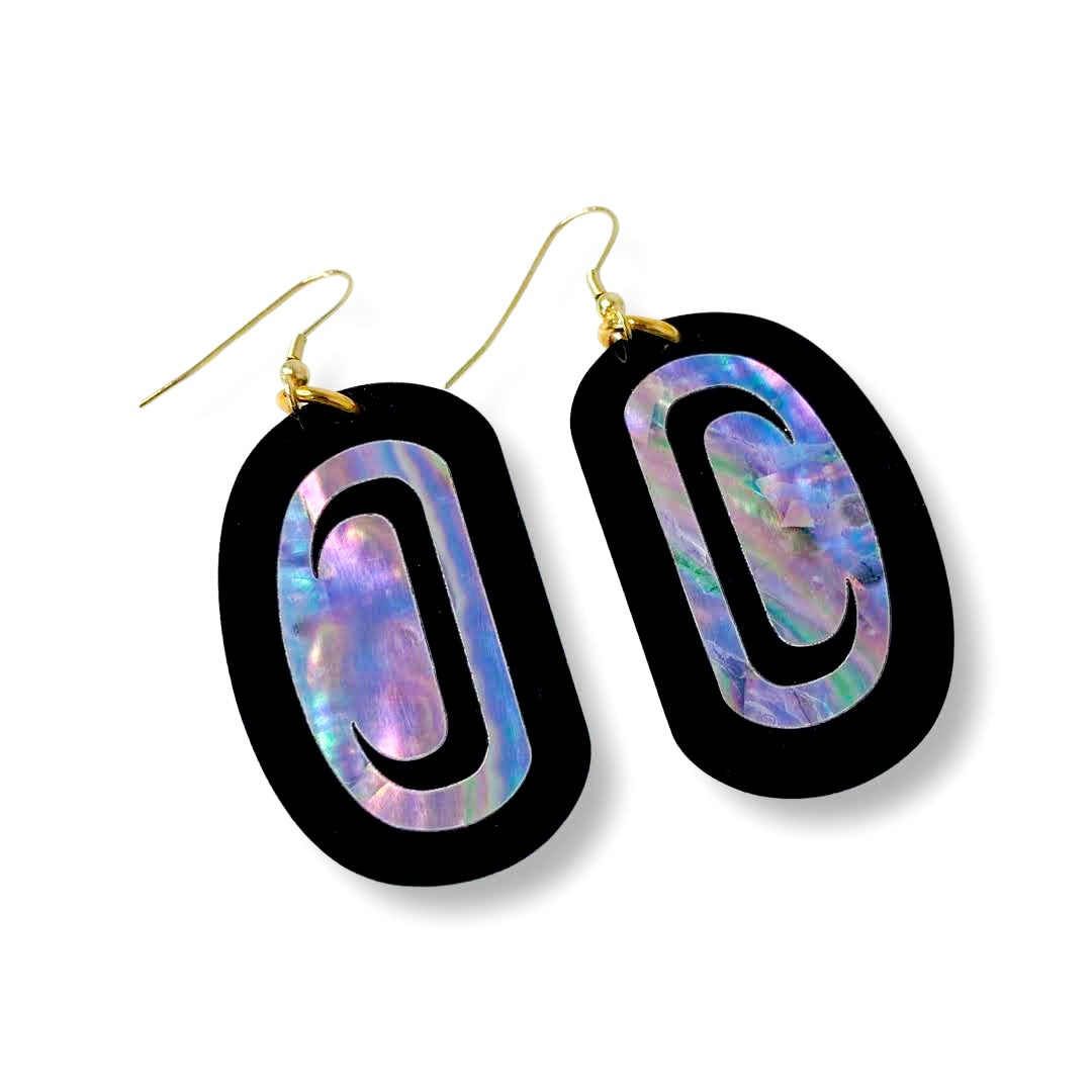 Black acrylic "Abalone Ovoid" earrings from Copper Canoe Woman.