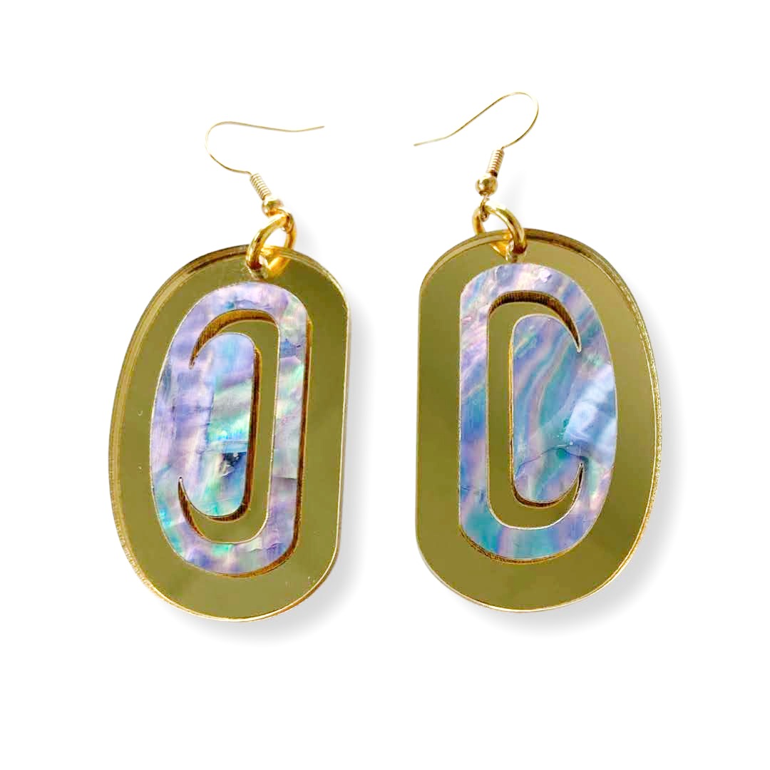 A pair of gold mirror acrylic "Abalone Ovoid" earrings from Copper Canoe Woman.