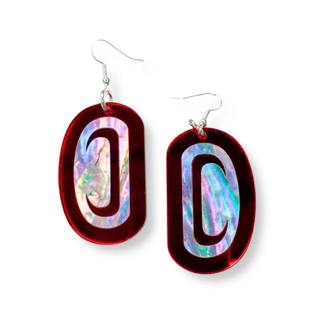 "Abalone Ovoid" earrings in red mirror acrylic from Copper Canoe Woman.
