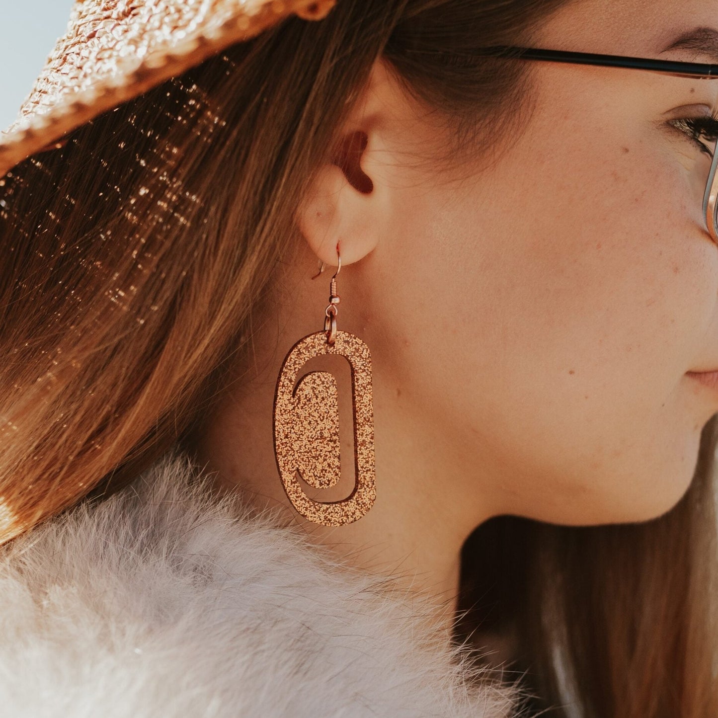 ovoid earring small copper glitter acrylic crescent cutout