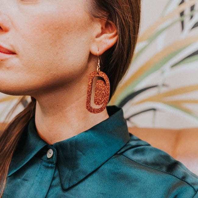 ovoid earring small copper glitter acrylic crescent cutout