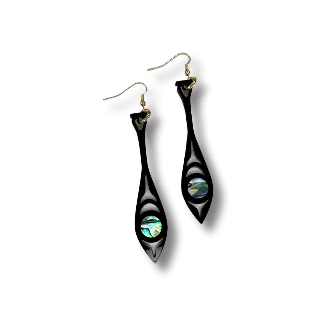 Black acrylic "Paddle Song" earrings from Copper Canoe Woman.