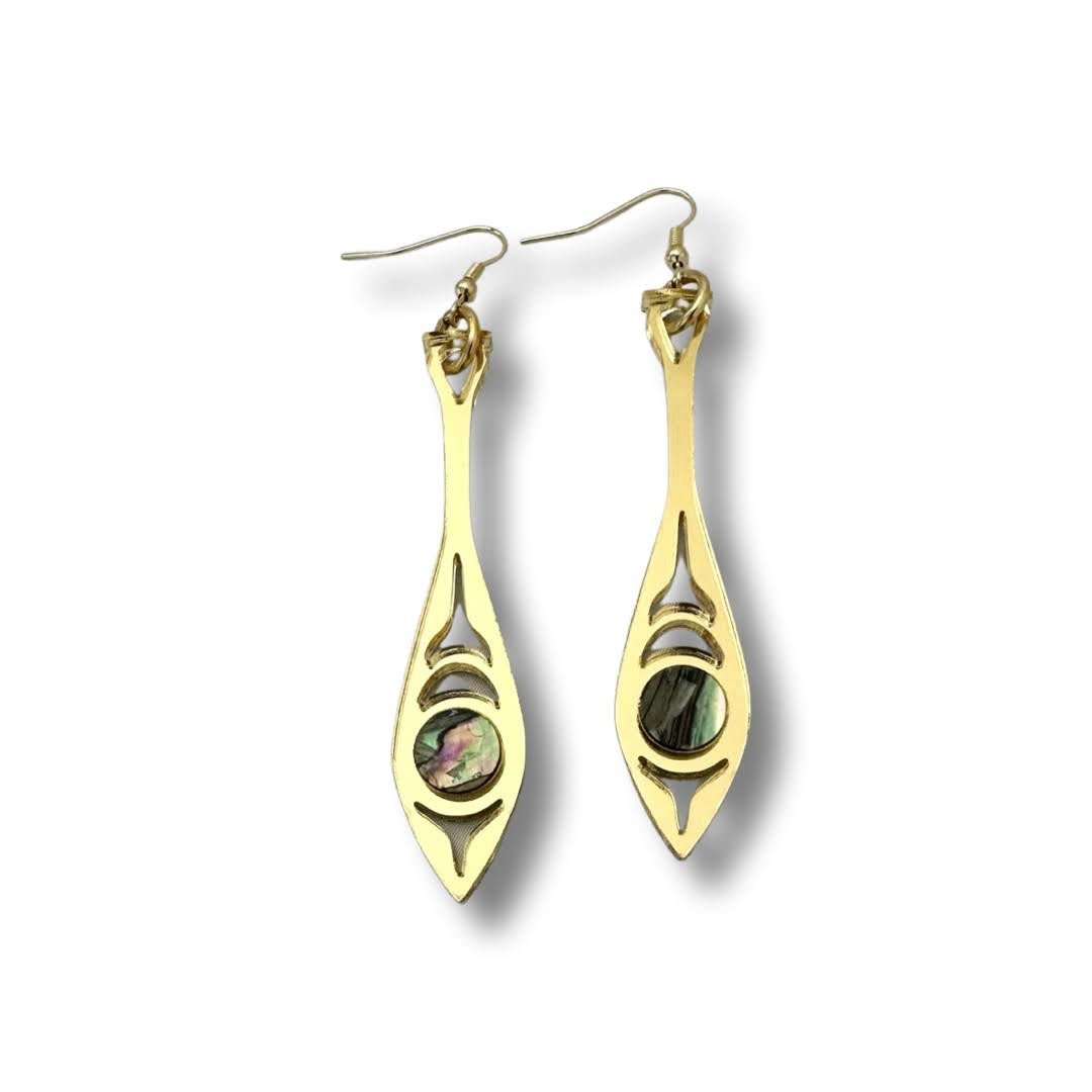 Gold mirror acrylic "Paddle Song" earrings from Copper Canoe Woman.