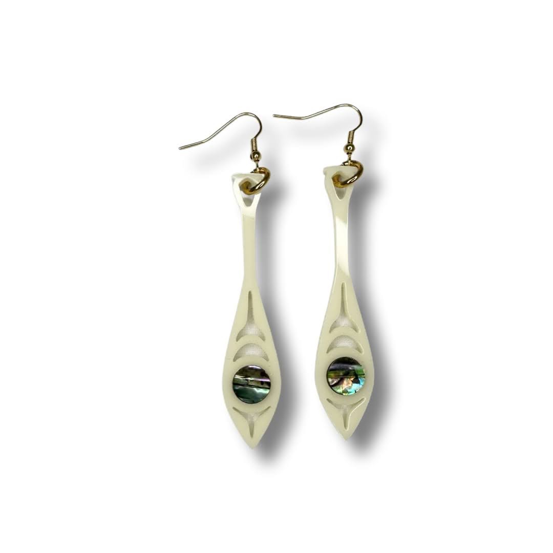 Ivory acrylic "Paddle Song" earrings from Copper Canoe Woman on a white background.