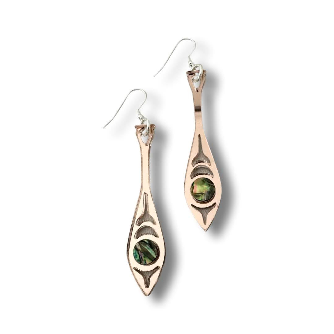 Rose gold mirror acrylic "Paddle Song" earrings from Copper Canoe Woman on a white background.