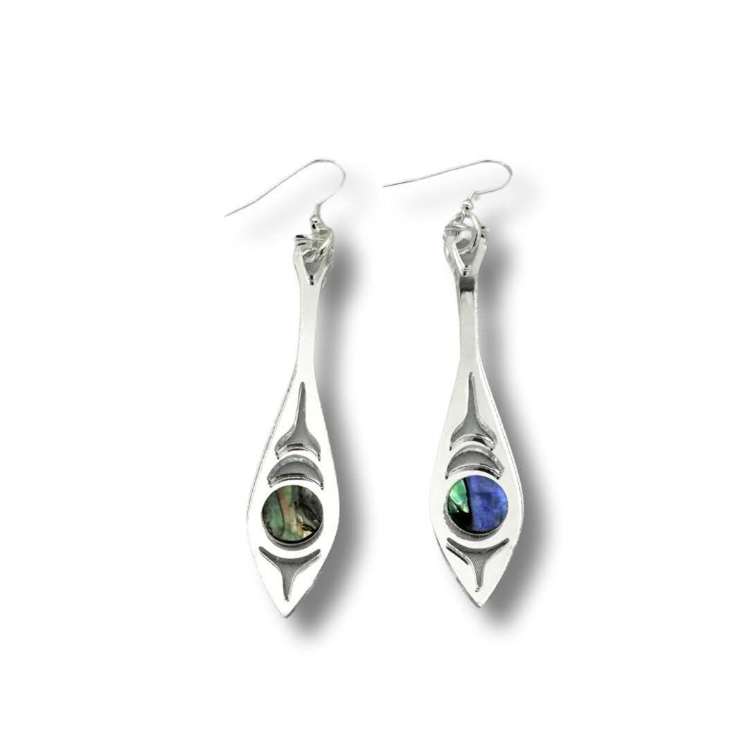 "Paddle Song" earrings from Copper Canoe Woman in silver mirror acrylic.