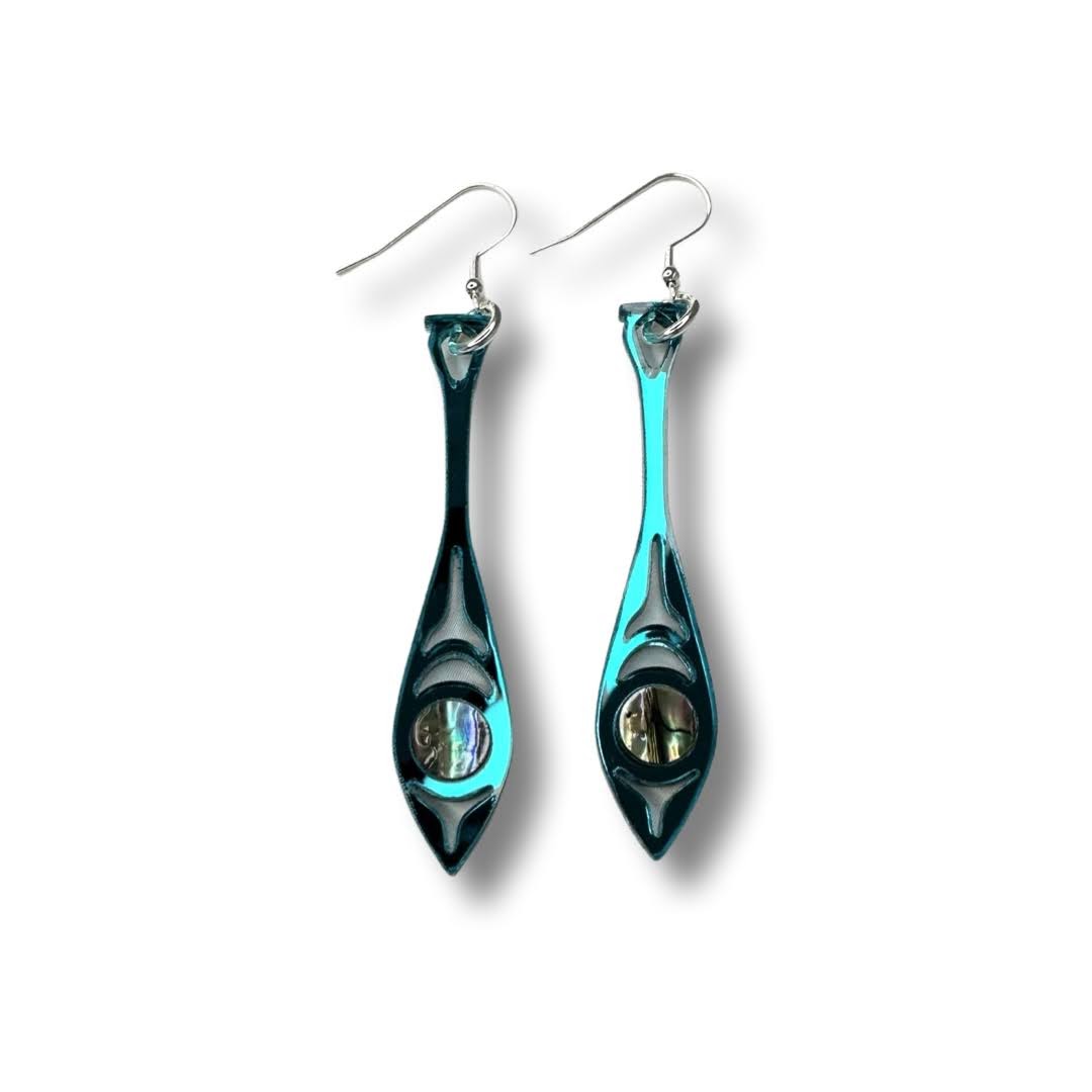 "Paddle Song" earrings in teal mirror acrylic from Copper Canoe Woman.
