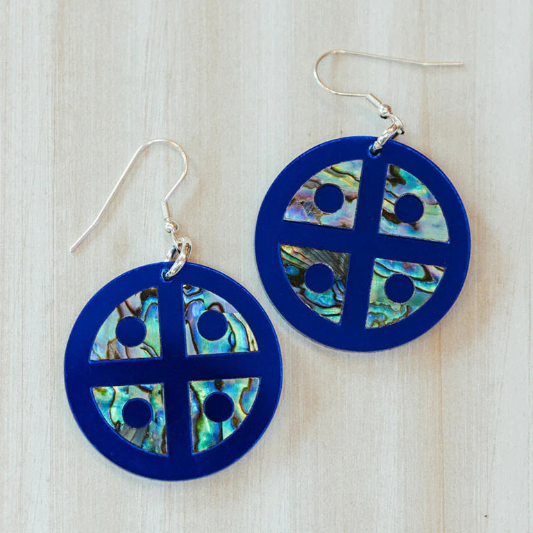 Cobalt mirror acrylic "Protector Shield" earrings from Copper Canoe Woman.
