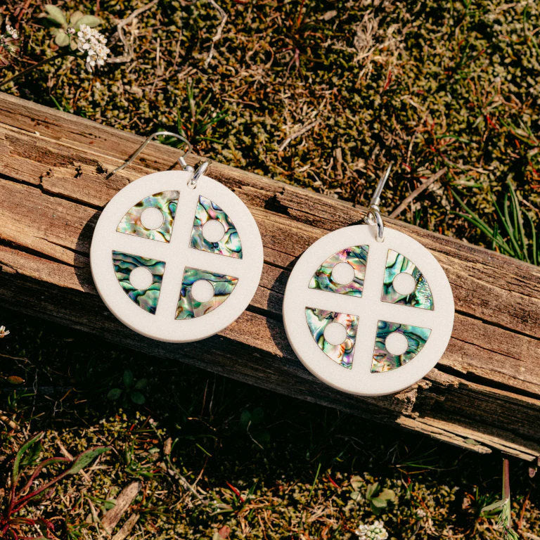 White acrylic "Protector Shield" earrings from Copper Canoe Woman resting on a piece of wood.