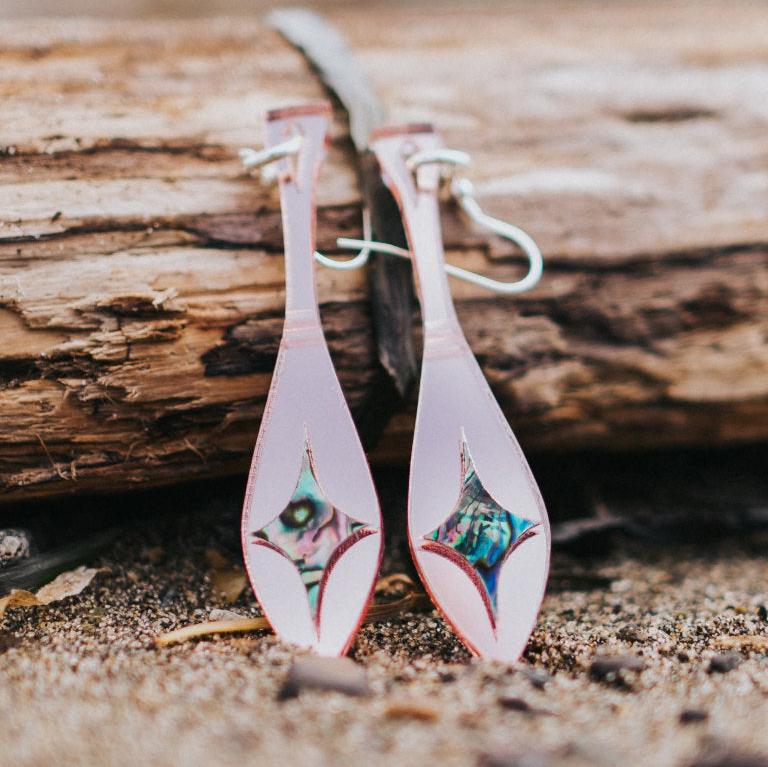 rose gold mirror acrylic paddle earring with star abalone inlay from copper canoe woman