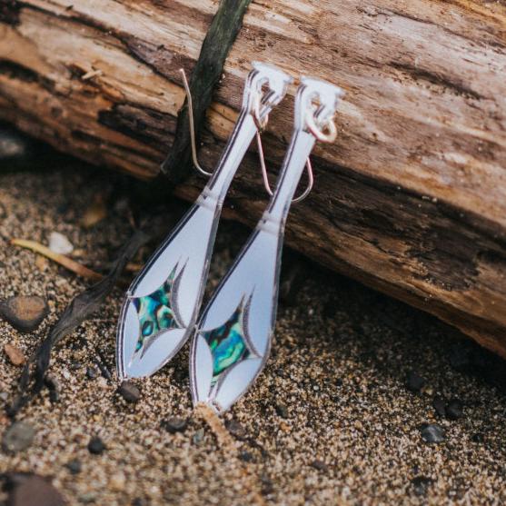 silver mirror acrylic paddle earring with star abalone inlay from copper canoe woman