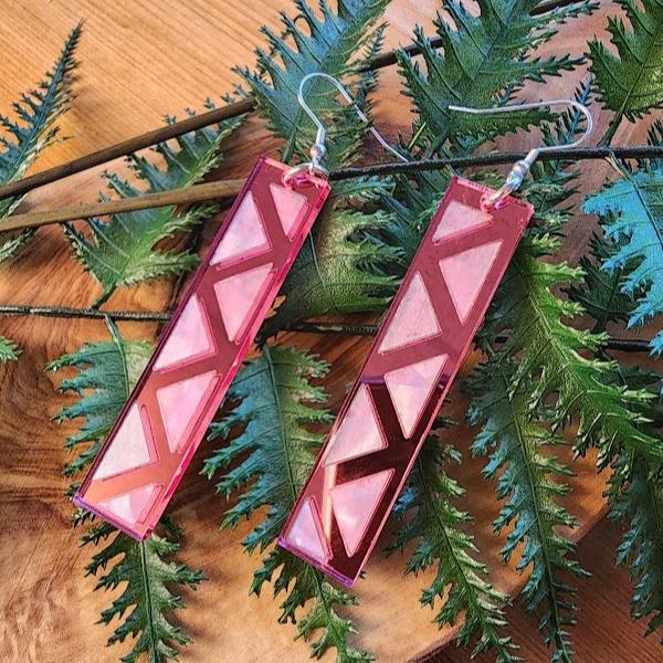 pink mirror long rectangle warrior spirit earring with triangle zig zag mother of pearl inlay from copper canoe woman