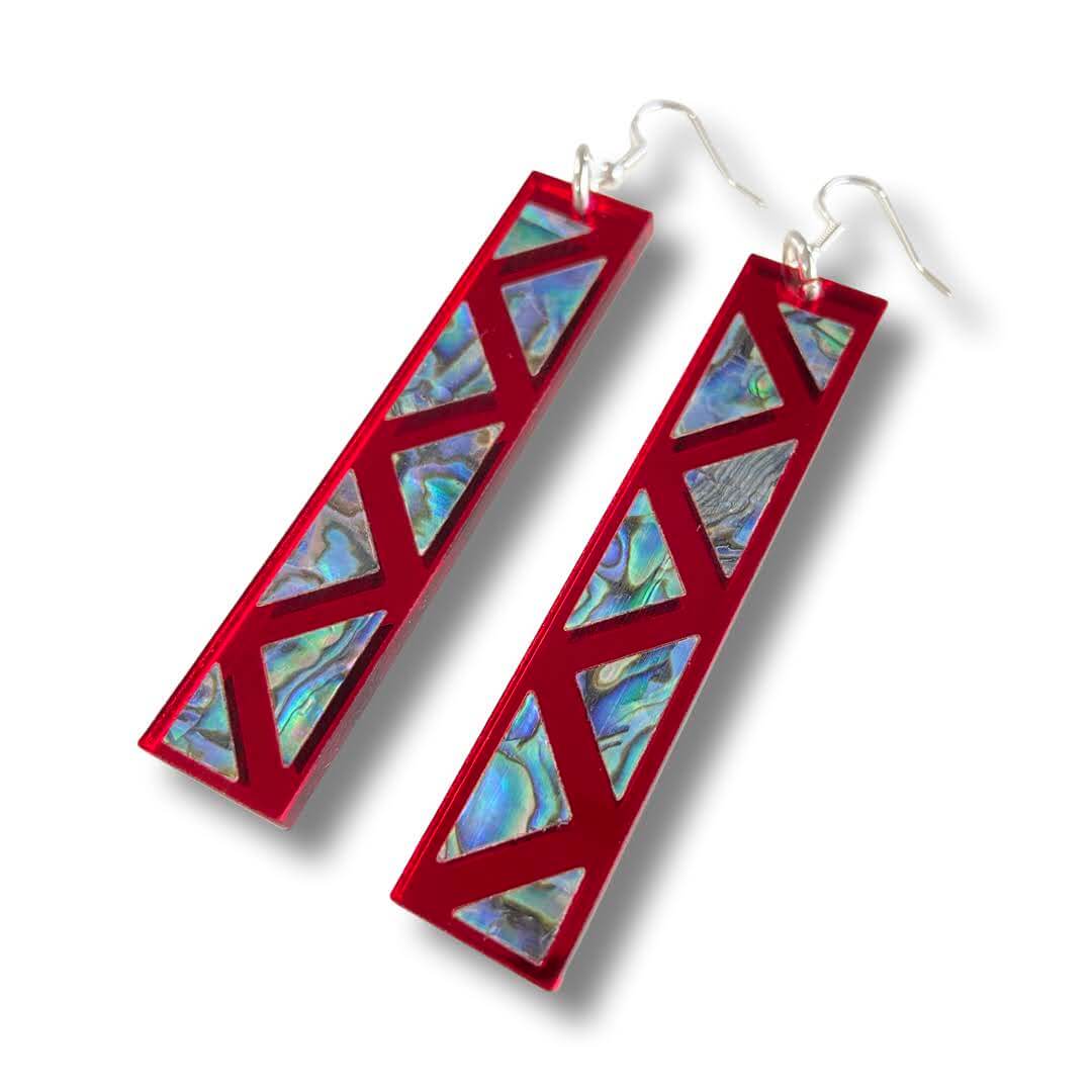 red mirror long rectangle warrior spirit earring with triangle zig zag abalone inlay from copper canoe woman