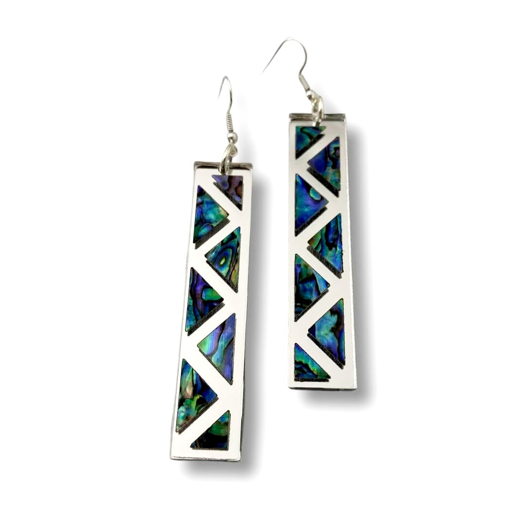 silver mirror long rectangle warrior spirit earring with triangle zig zag abalone inlay from copper canoe woman