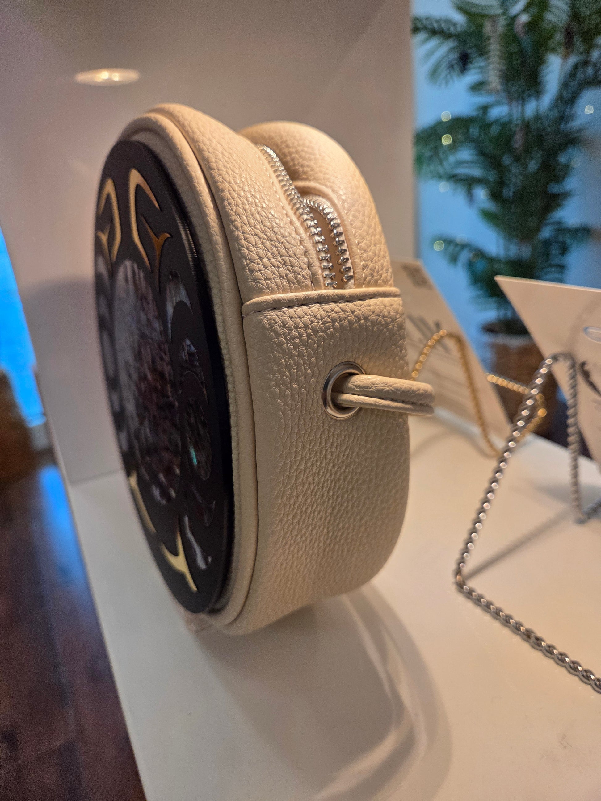 Cream round READY TO SHIP purse with gold and black design