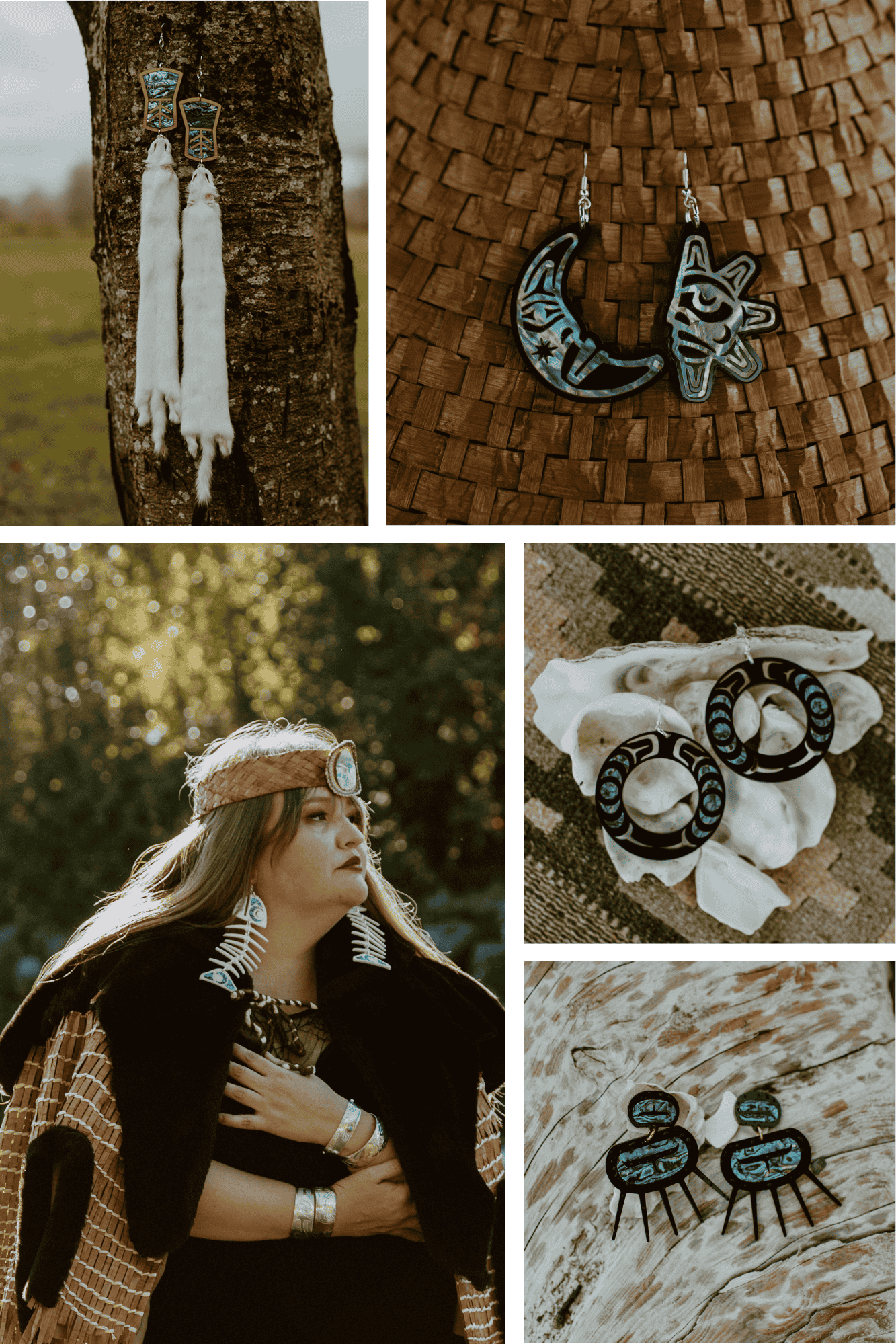 Collage of various earrings with natural and textured backgrounds