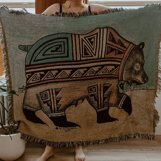 Person holding Hopi bear design blanket for display.
