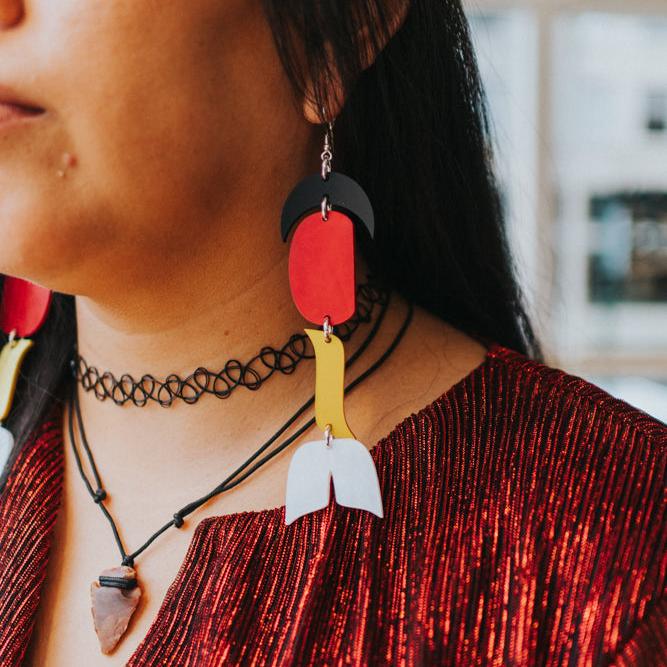 close up of woman wearing abstract formline art earring in color sequence of black, red, yellow, white from copper canoe woman.