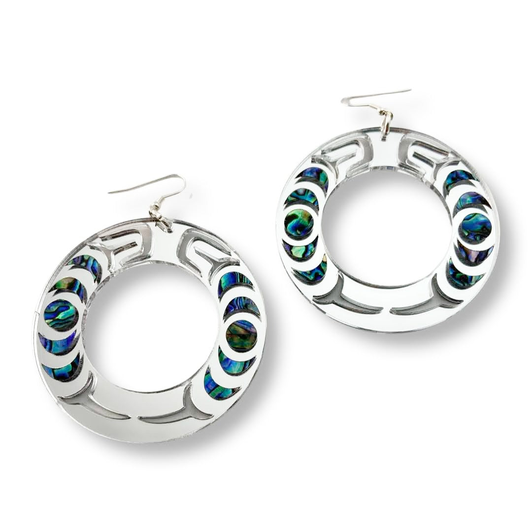A pair of silver mirror acrylic "Nala Hoop" earrings from Copper Canoe Woman.