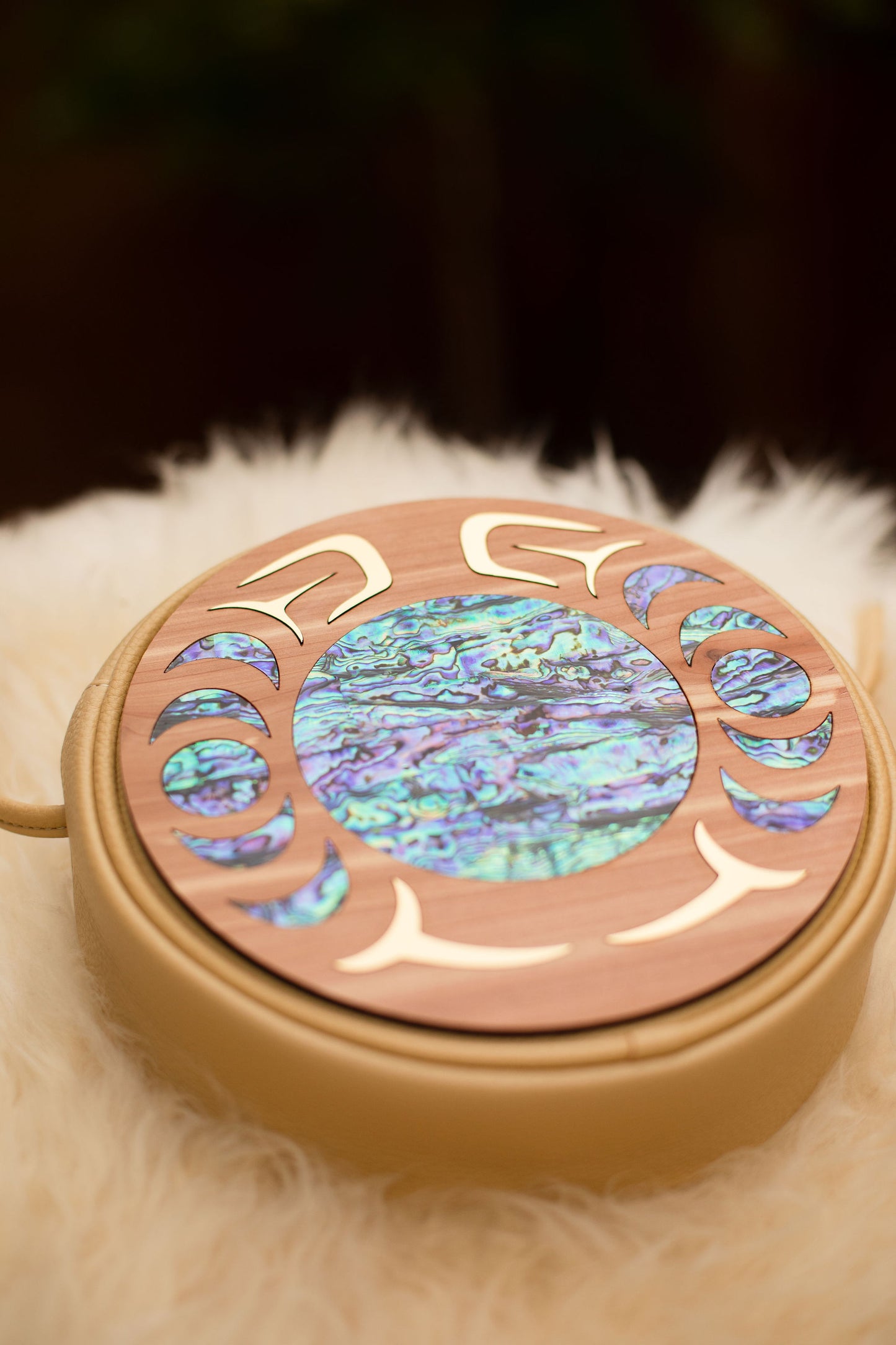 READY TO SHIP purse with abalone inlay and light leather trim.