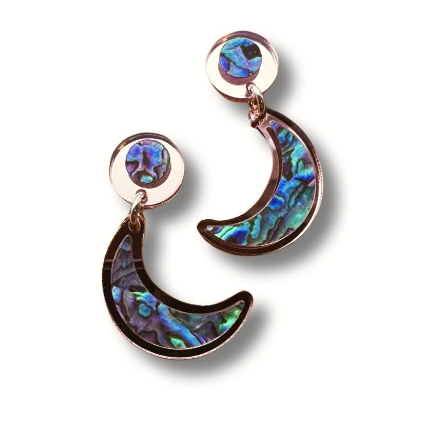 "Nuci" crescent moon post earrings in rose gold mirror acrylic from Copper Canoe Woman.