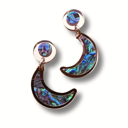 "Nuci" crescent moon post earrings in rose gold mirror acrylic from Copper Canoe Woman.