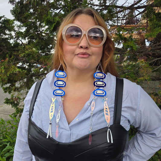 Woman wearing large Abalone Ovoid w/ Herring Earrings
