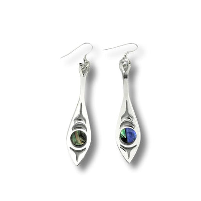 "Paddle Song" earrings from Copper Canoe Woman in silver mirror acrylic.