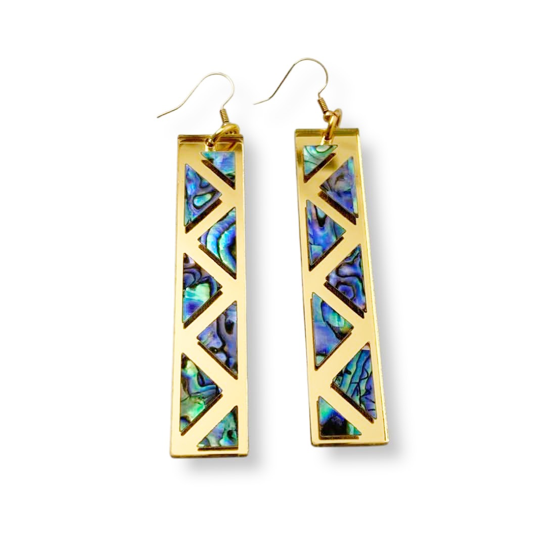 gold mirror long rectangle warrior spirit earring with triangle zig zag abalone inlay from copper canoe woman