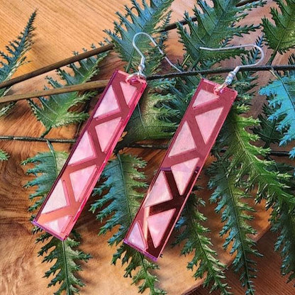 pink mirror long rectangle warrior spirit earring with triangle zig zag mother of pearl inlay from copper canoe woman